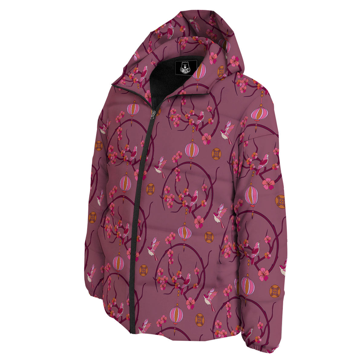 Japanese Lantern Pink Print Pattern Down Jacket-grizzshop