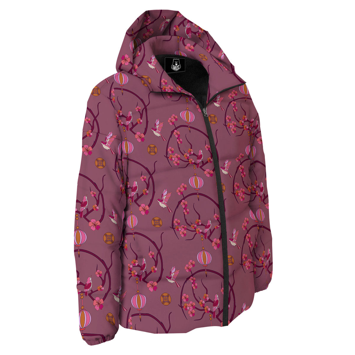 Japanese Lantern Pink Print Pattern Down Jacket-grizzshop