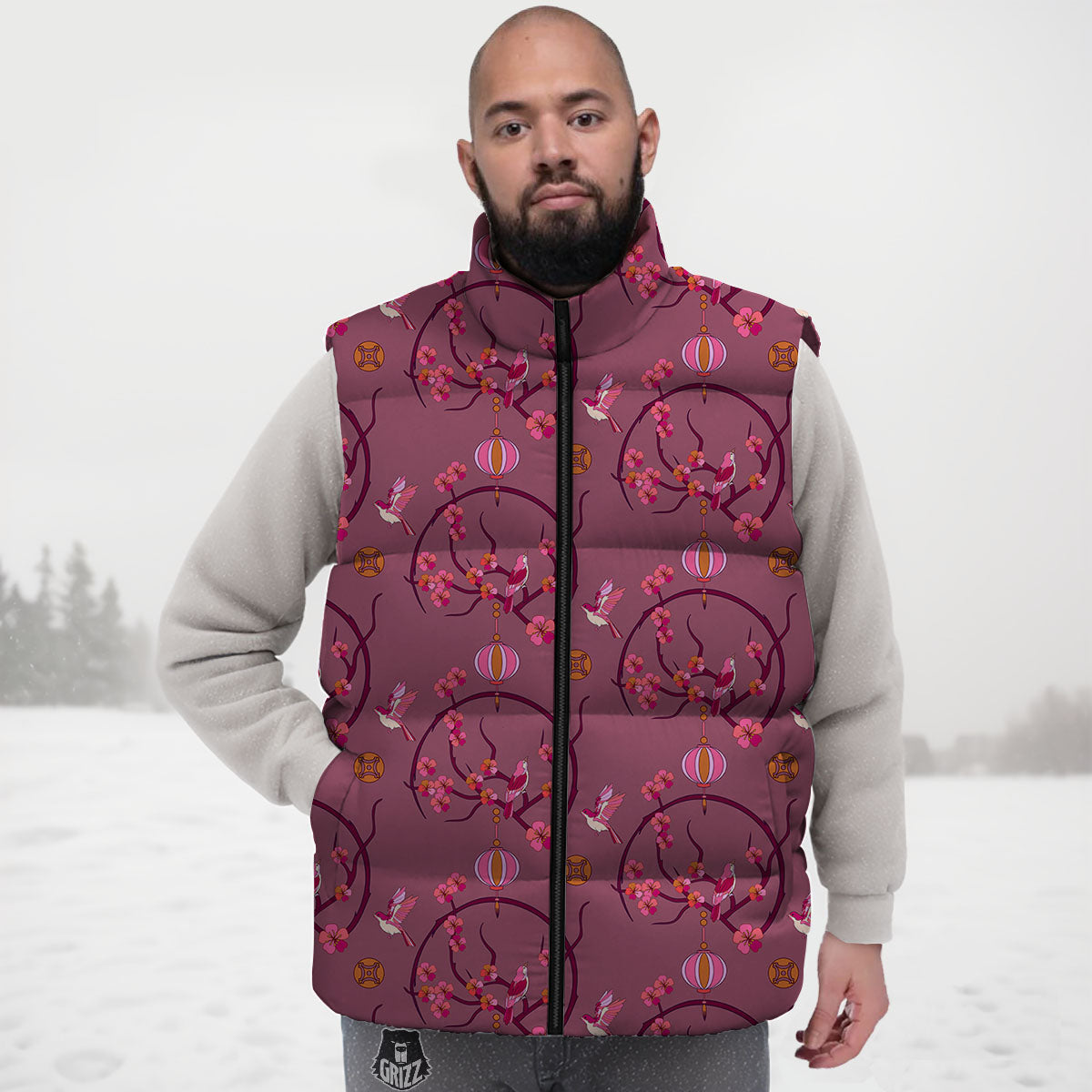 Japanese Lantern Pink Print Pattern Down Vest