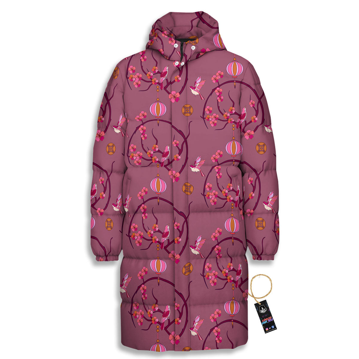 Japanese Lantern Pink Print Pattern Long Down Jacket-grizzshop