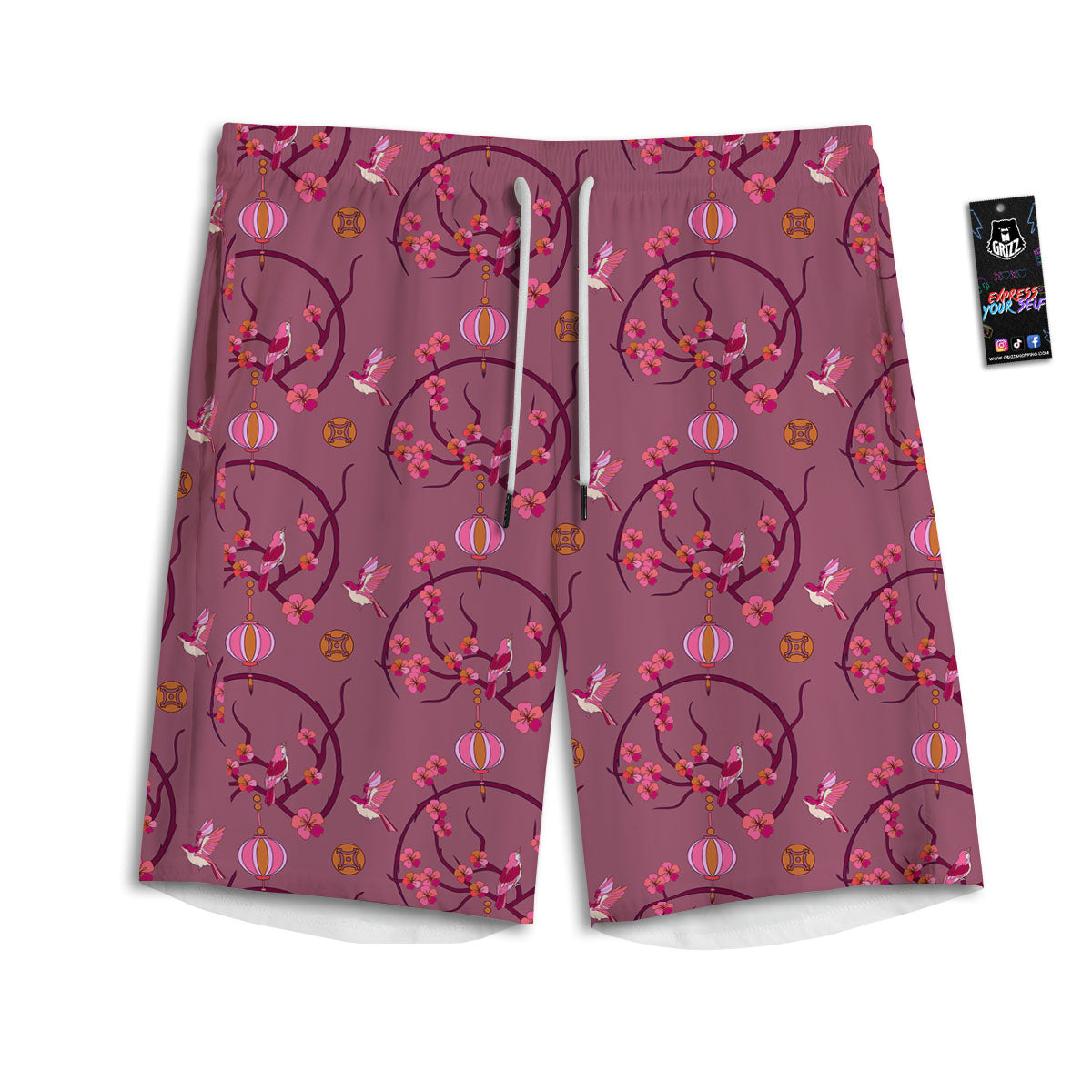 Japanese Lantern Pink Print Pattern Men's Athletic Shorts