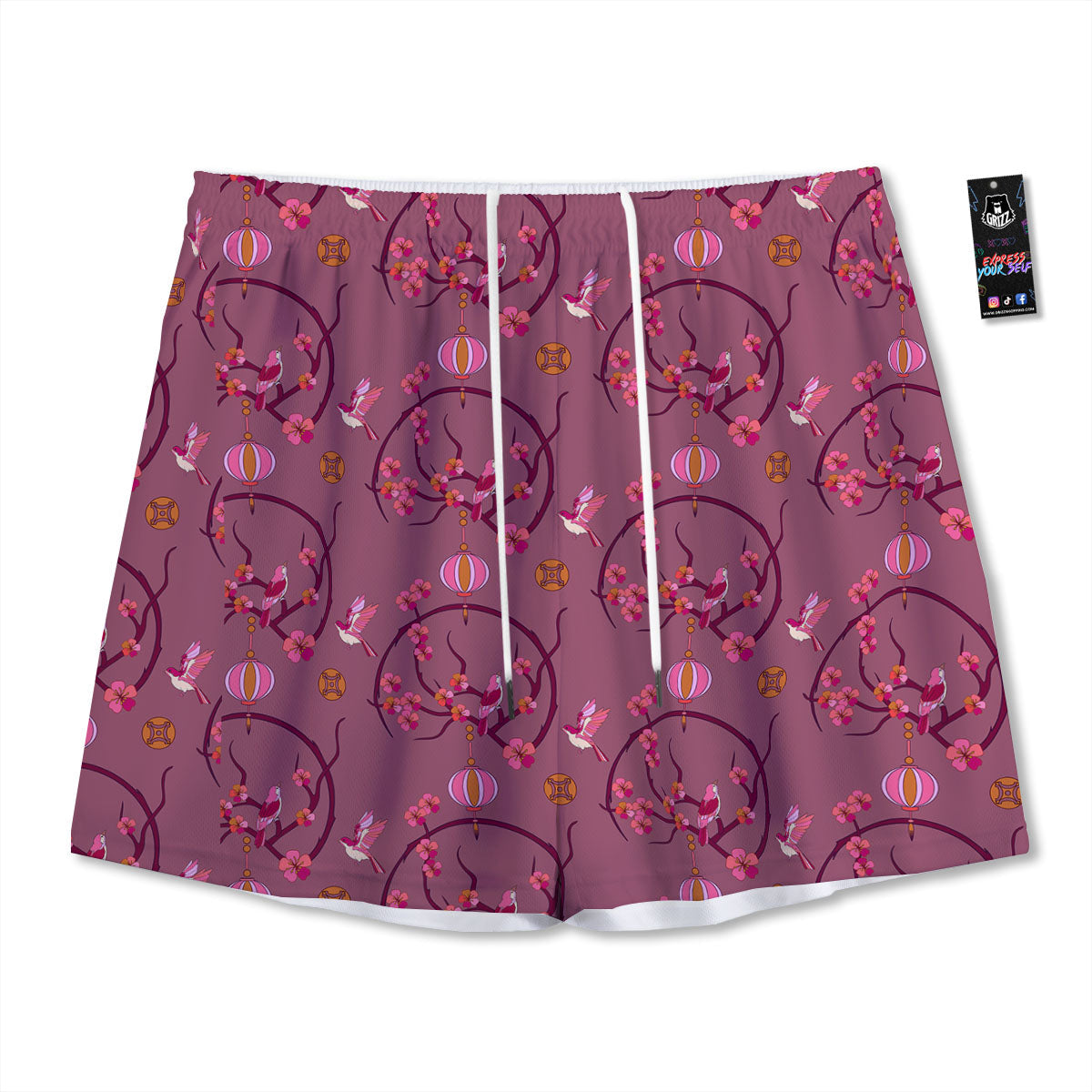 Japanese Lantern Pink Print Pattern Mesh Shorts