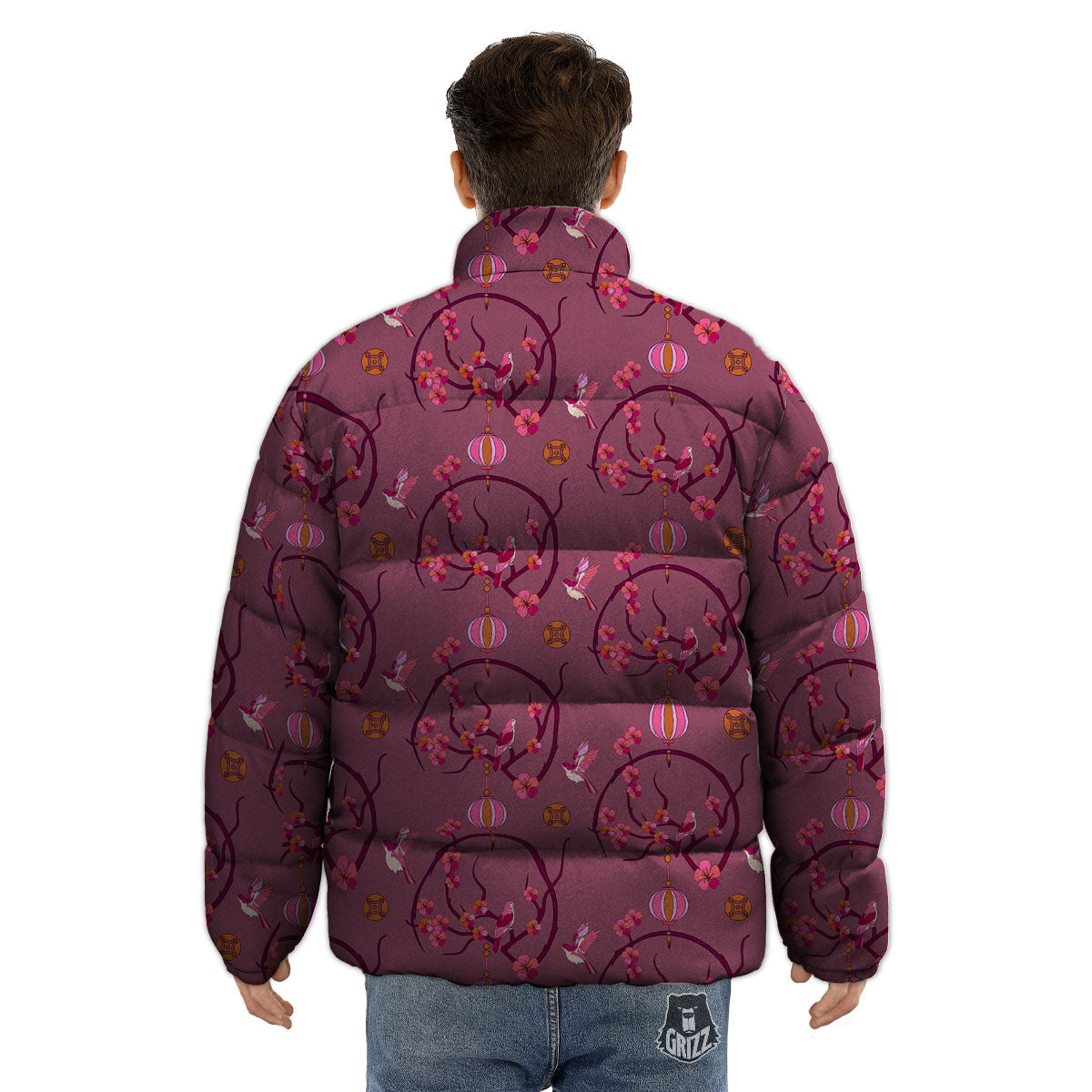 Japanese Lantern Pink Print Pattern Puffer Jacket-grizzshop