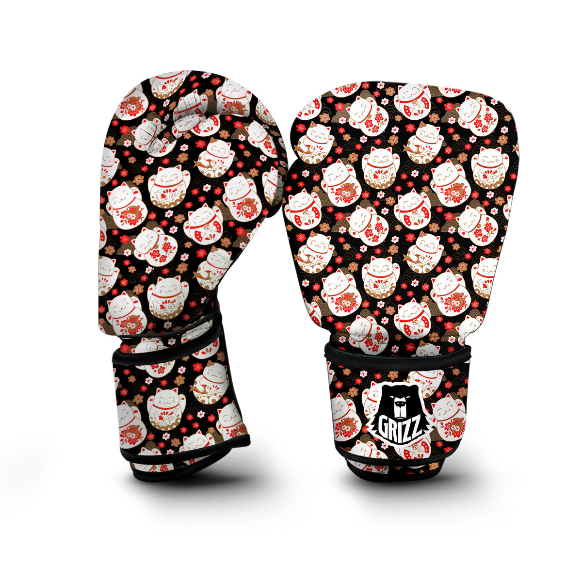 Japanese Maneki Neko And Black Print Pattern Boxing Gloves-grizzshop