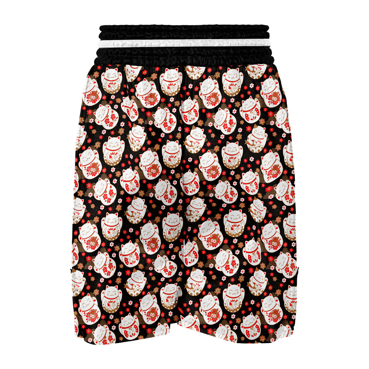 Japanese Maneki Neko And Black Print Pattern Boxing Shorts-grizzshop