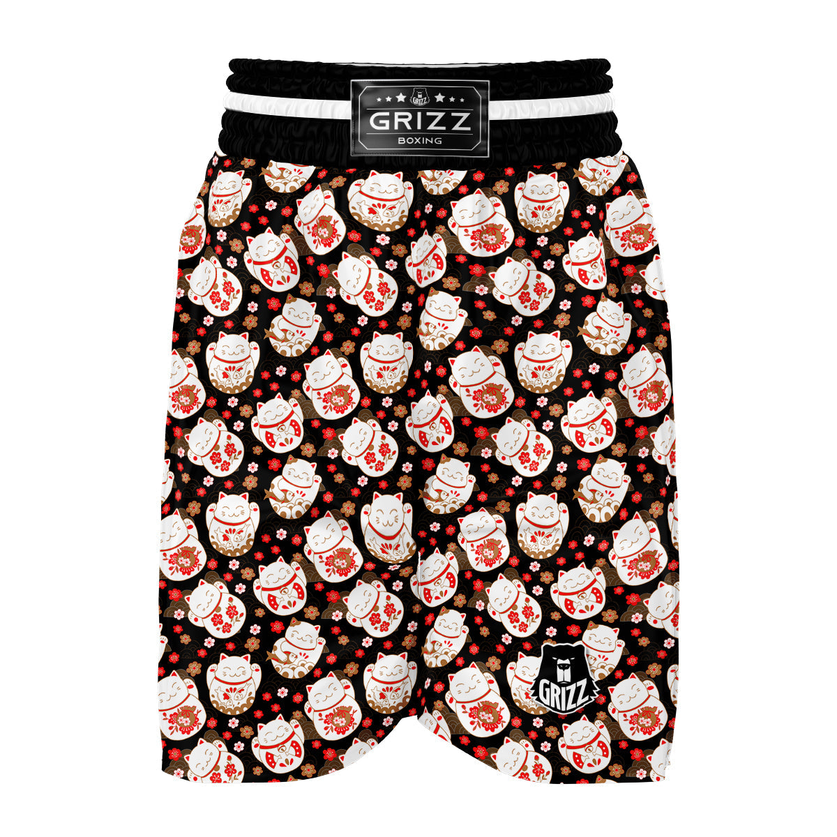 Japanese Maneki Neko And Black Print Pattern Boxing Shorts-grizzshop