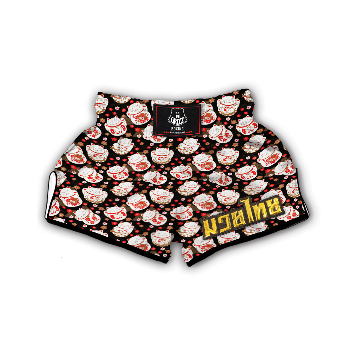 Japanese Maneki Neko And Black Print Pattern Muay Thai Boxing Shorts-grizzshop