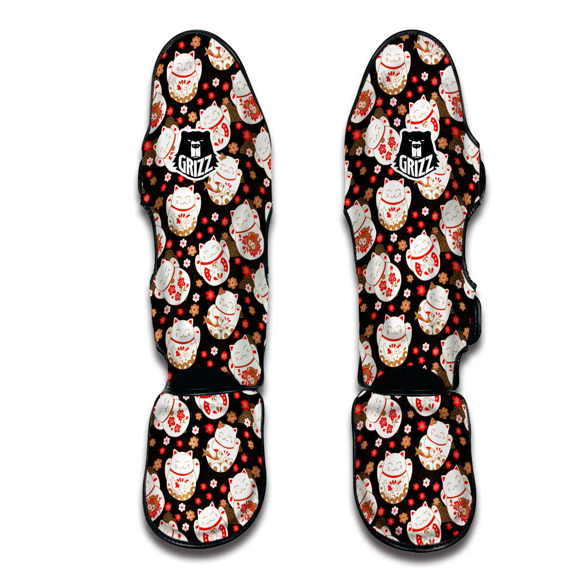 Japanese Maneki Neko And Black Print Pattern Muay Thai Shin Guards-grizzshop