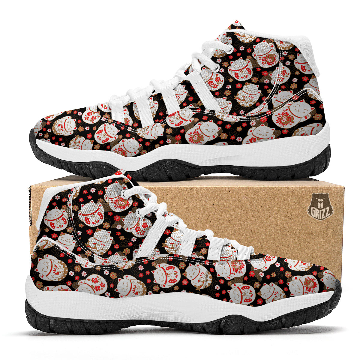 Japanese Maneki Neko And Black Print Pattern White Bball Shoes-grizzshop