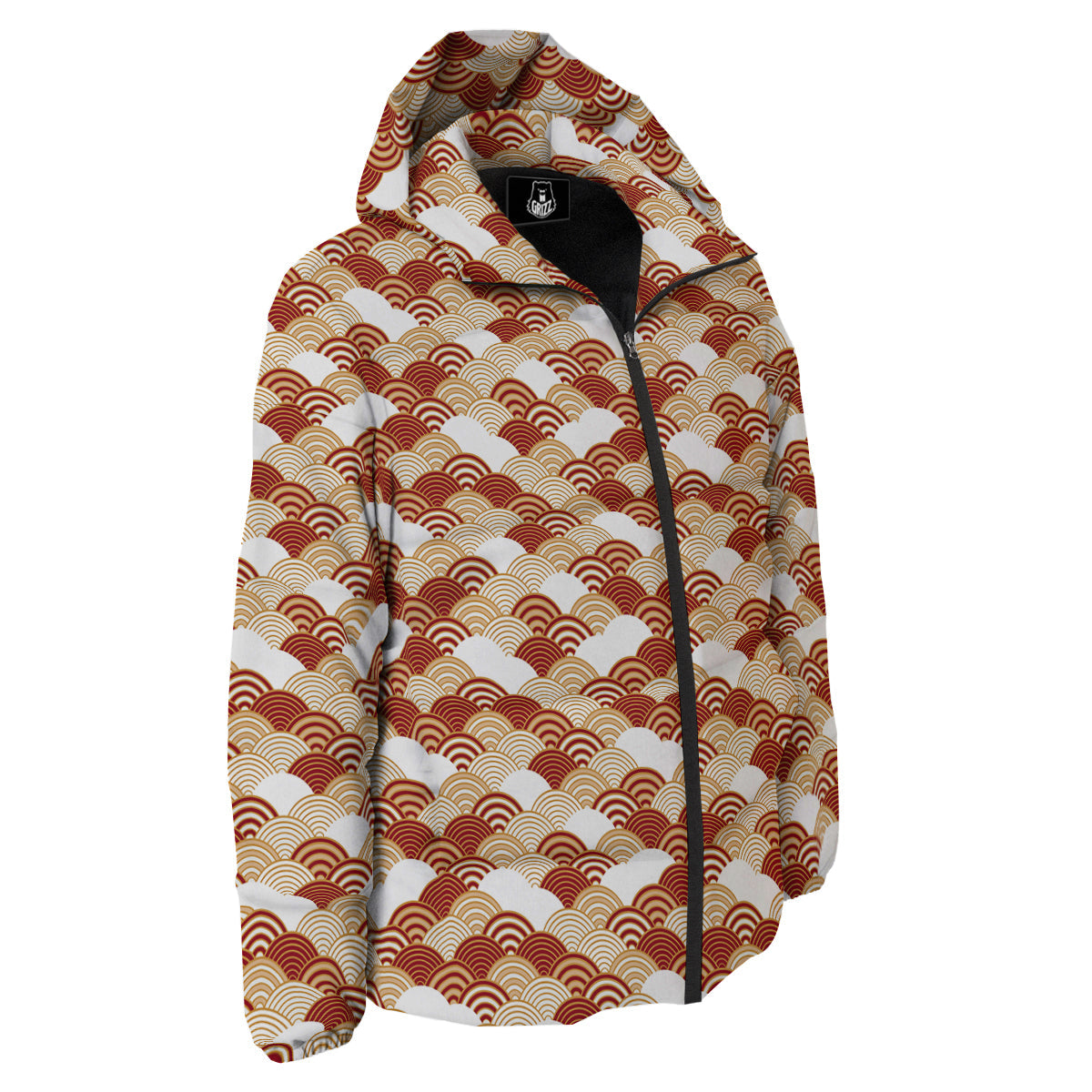 Japanese Red And Beige Print Pattern Down Jacket-grizzshop