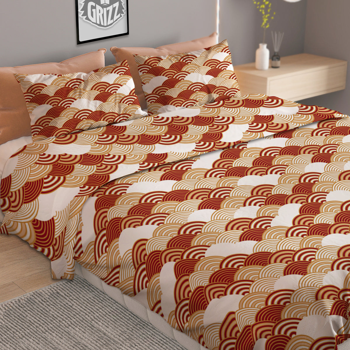 Japanese Red And Beige Print Pattern Duvet Cover Bedding Set