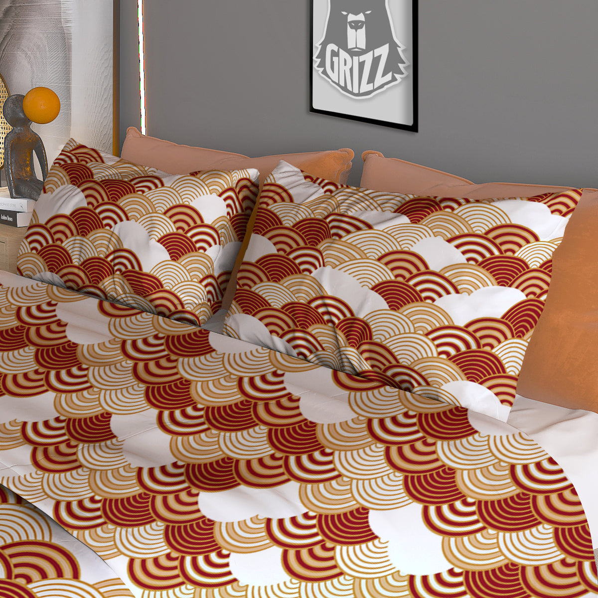 Japanese Red And Beige Print Pattern Duvet Cover Bedding Set