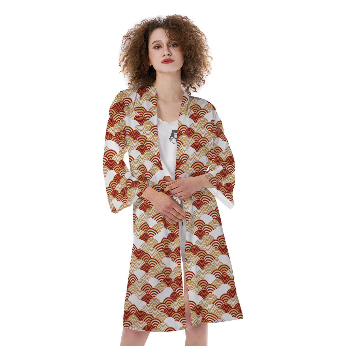 Japanese Red And Beige Print Pattern Kimono-grizzshop