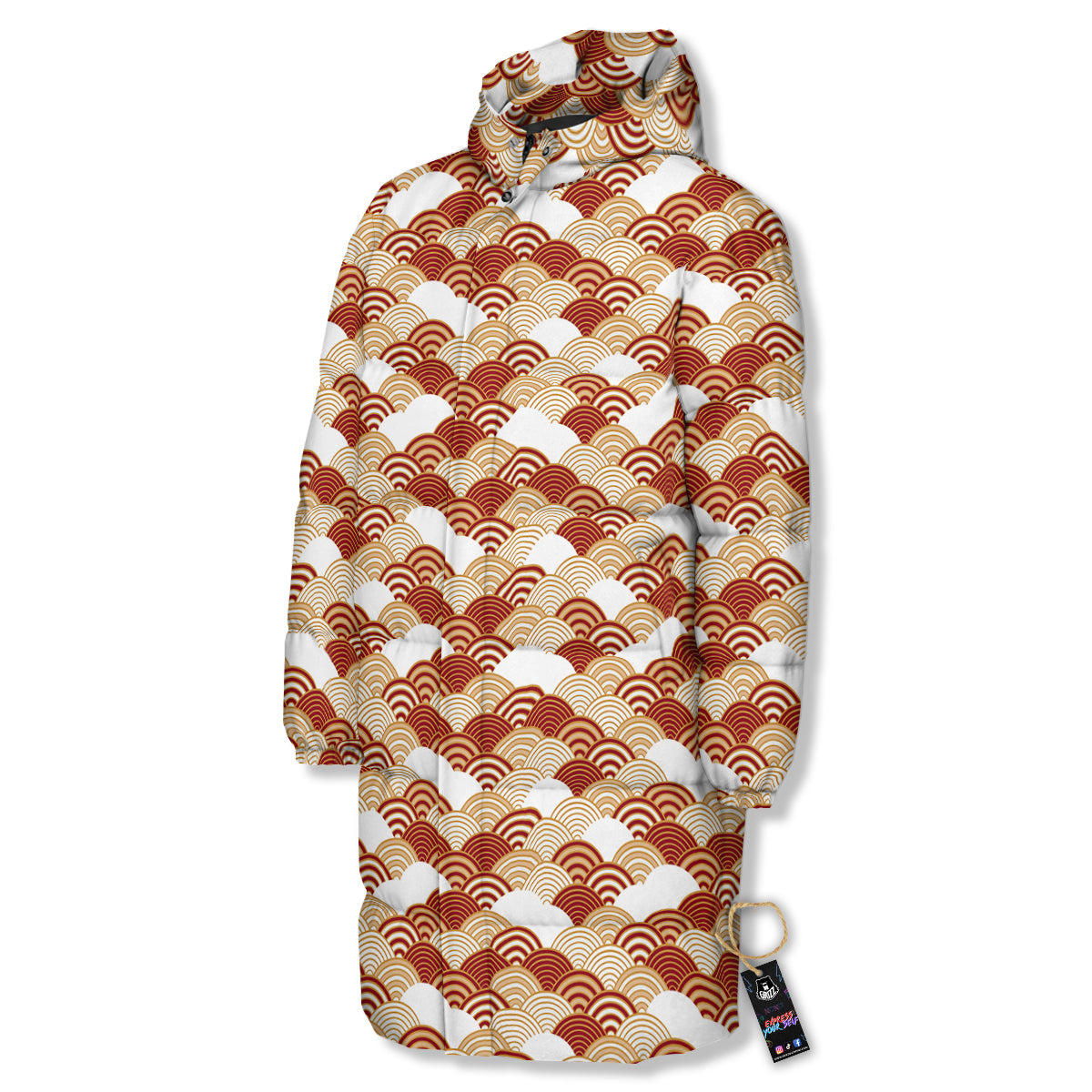 Japanese Red And Beige Print Pattern Long Down Jacket-grizzshop
