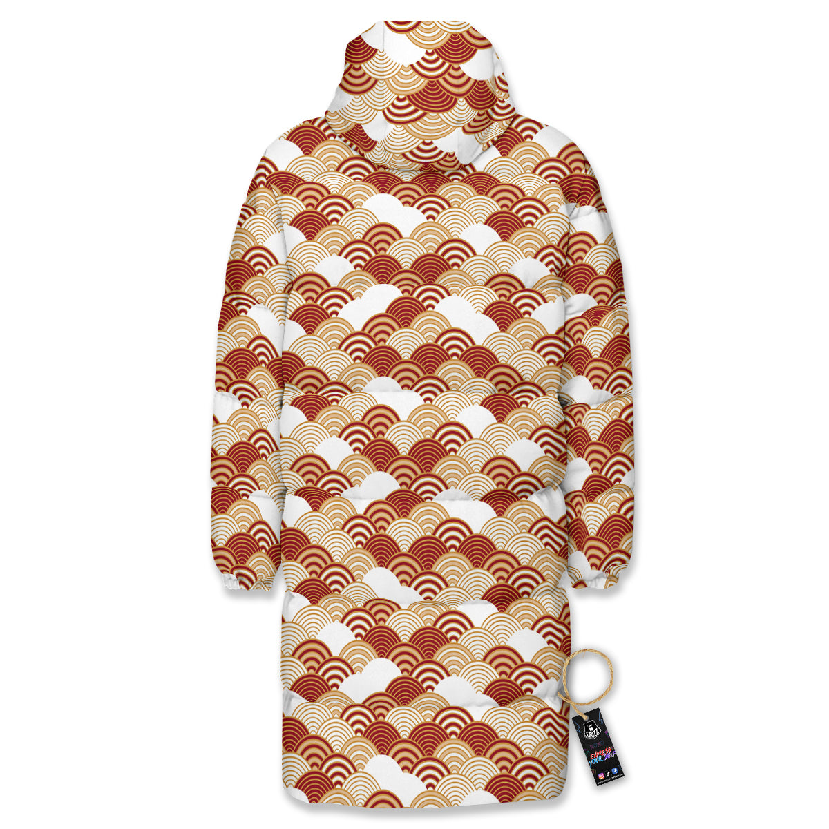 Japanese Red And Beige Print Pattern Long Down Jacket-grizzshop