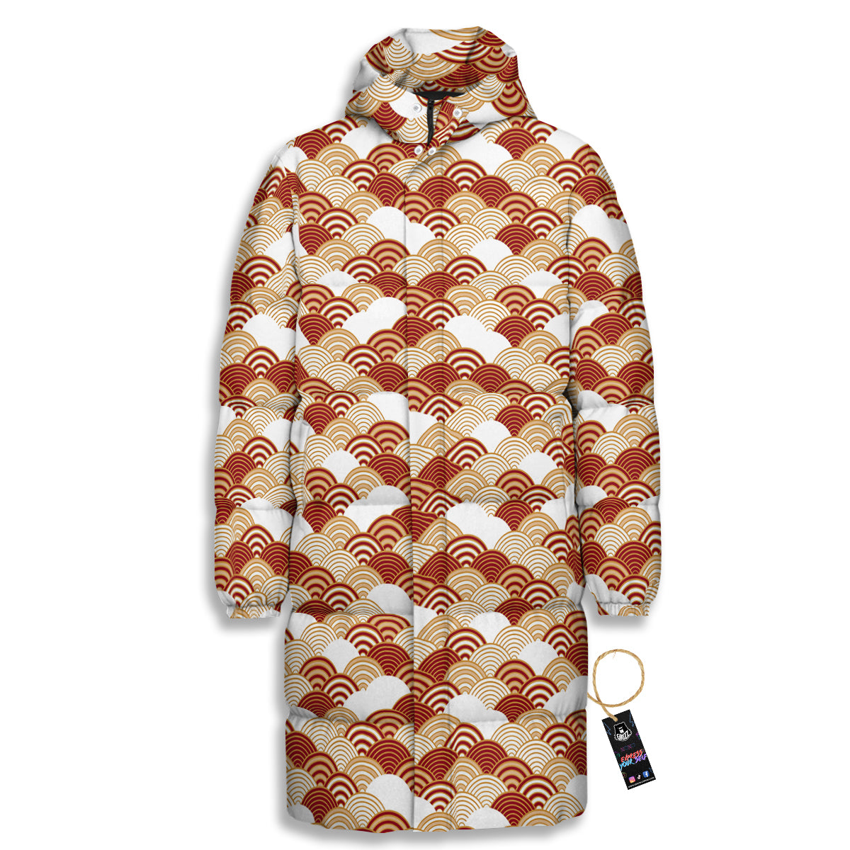 Japanese Red And Beige Print Pattern Long Down Jacket-grizzshop