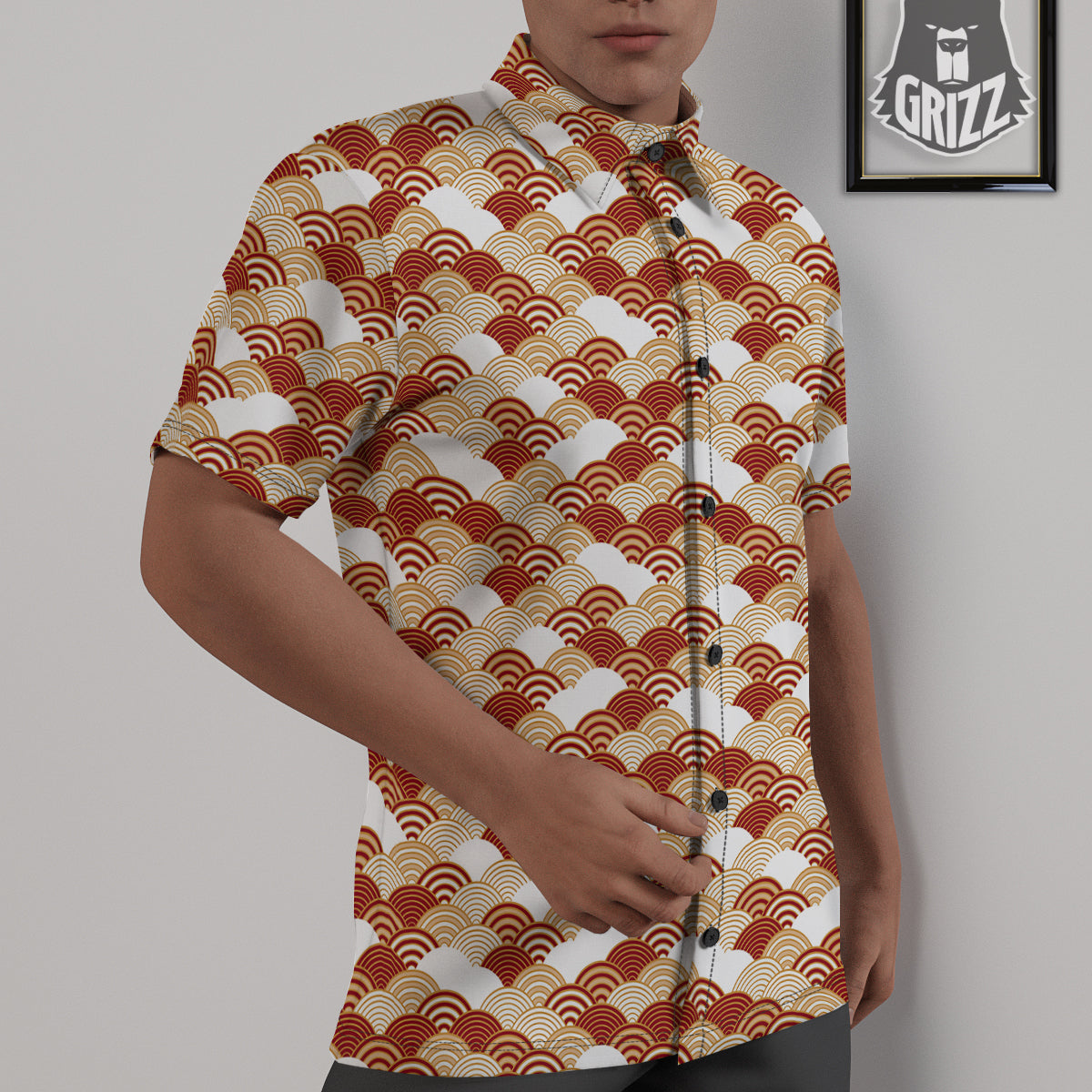 Japanese Red And Beige Print Pattern Untucked Shirts-grizzshop