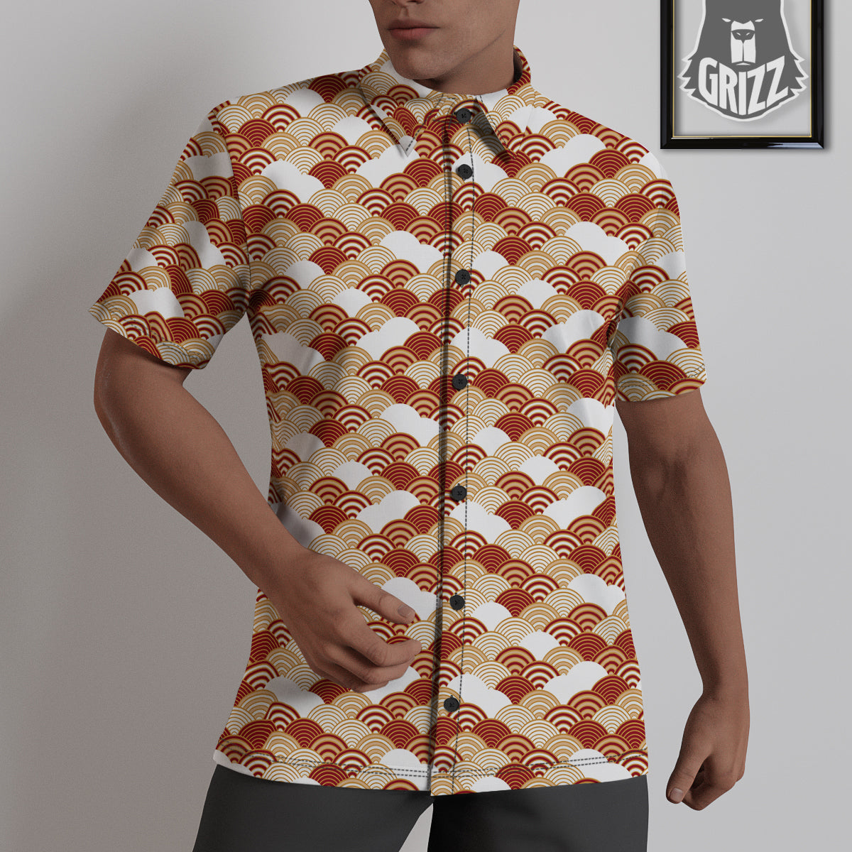 Japanese Red And Beige Print Pattern Untucked Shirts-grizzshop