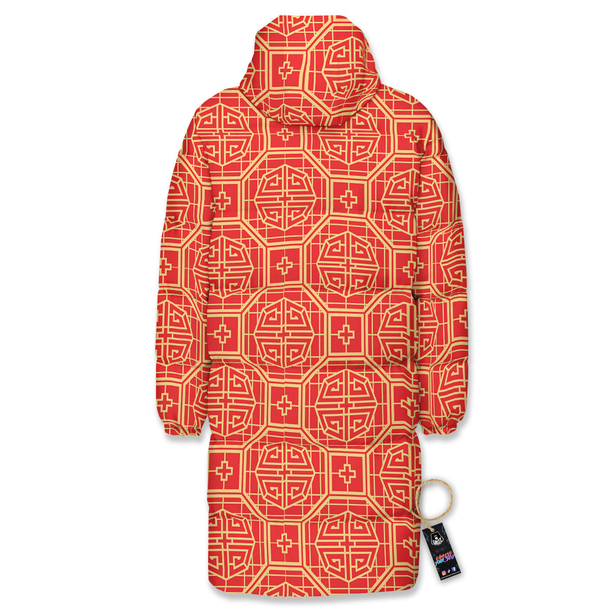 Japanese Red Geometric Print Pattern Long Down Jacket-grizzshop