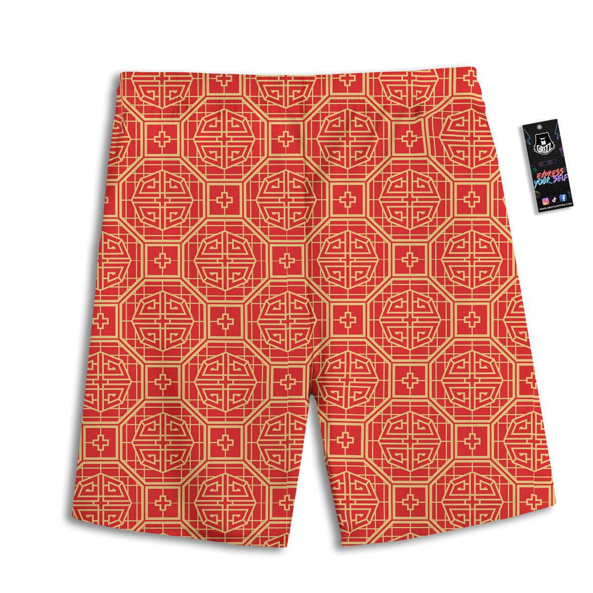 Japanese Red Geometric Print Pattern Men's Athletic Shorts