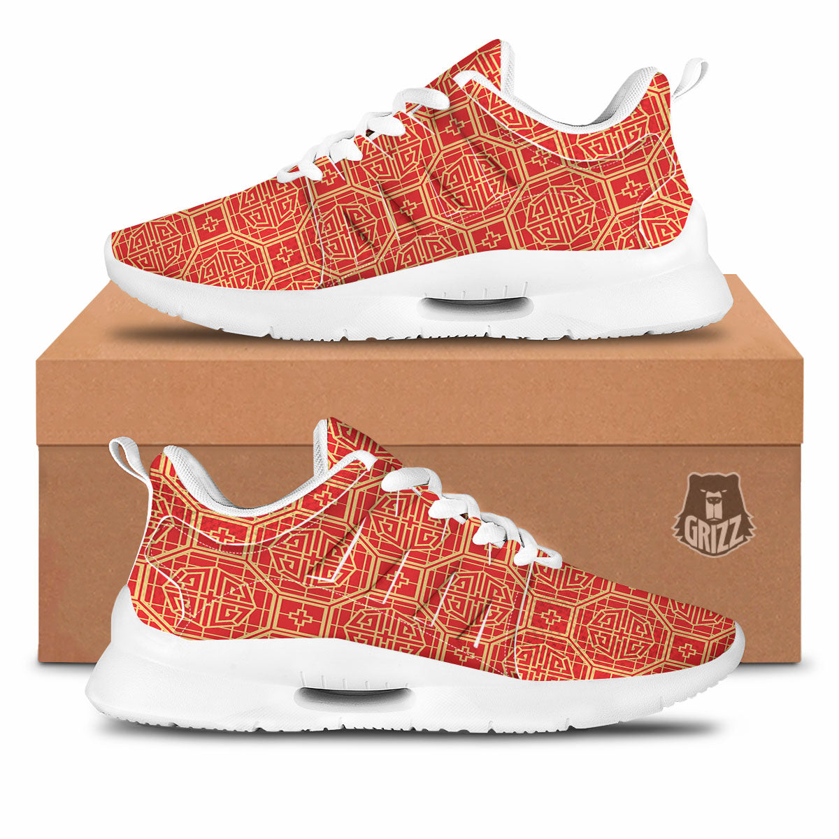 Japanese Red Geometric Print Pattern Tennis Shoes-grizzshop