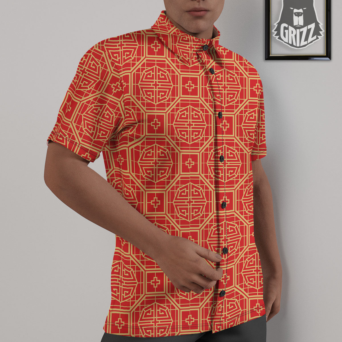 Japanese Red Geometric Print Pattern Untucked Shirts-grizzshop