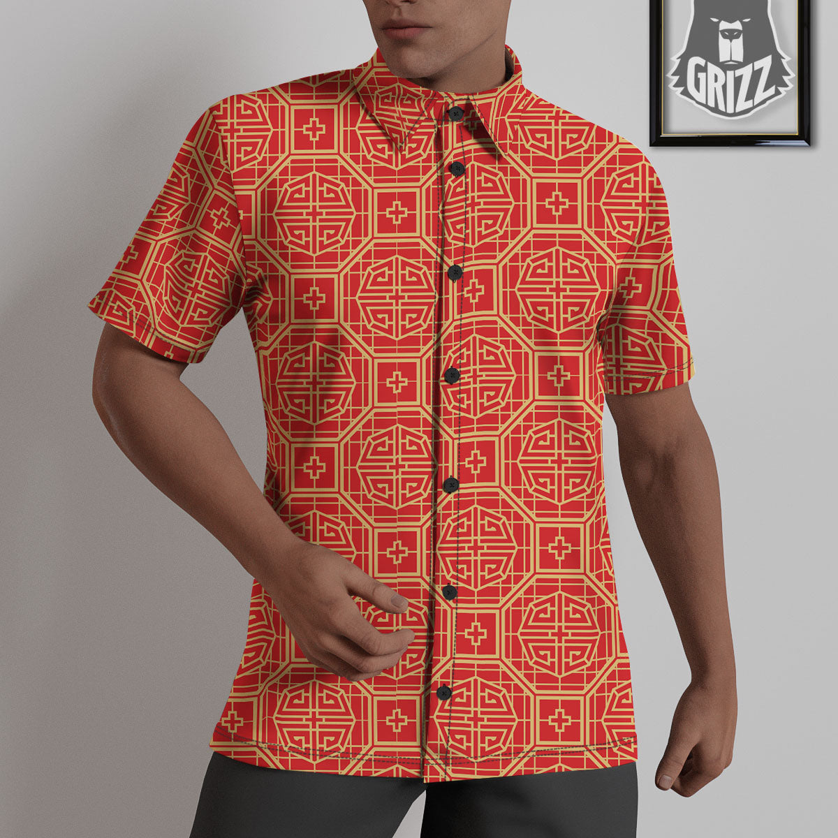 Japanese Red Geometric Print Pattern Untucked Shirts-grizzshop