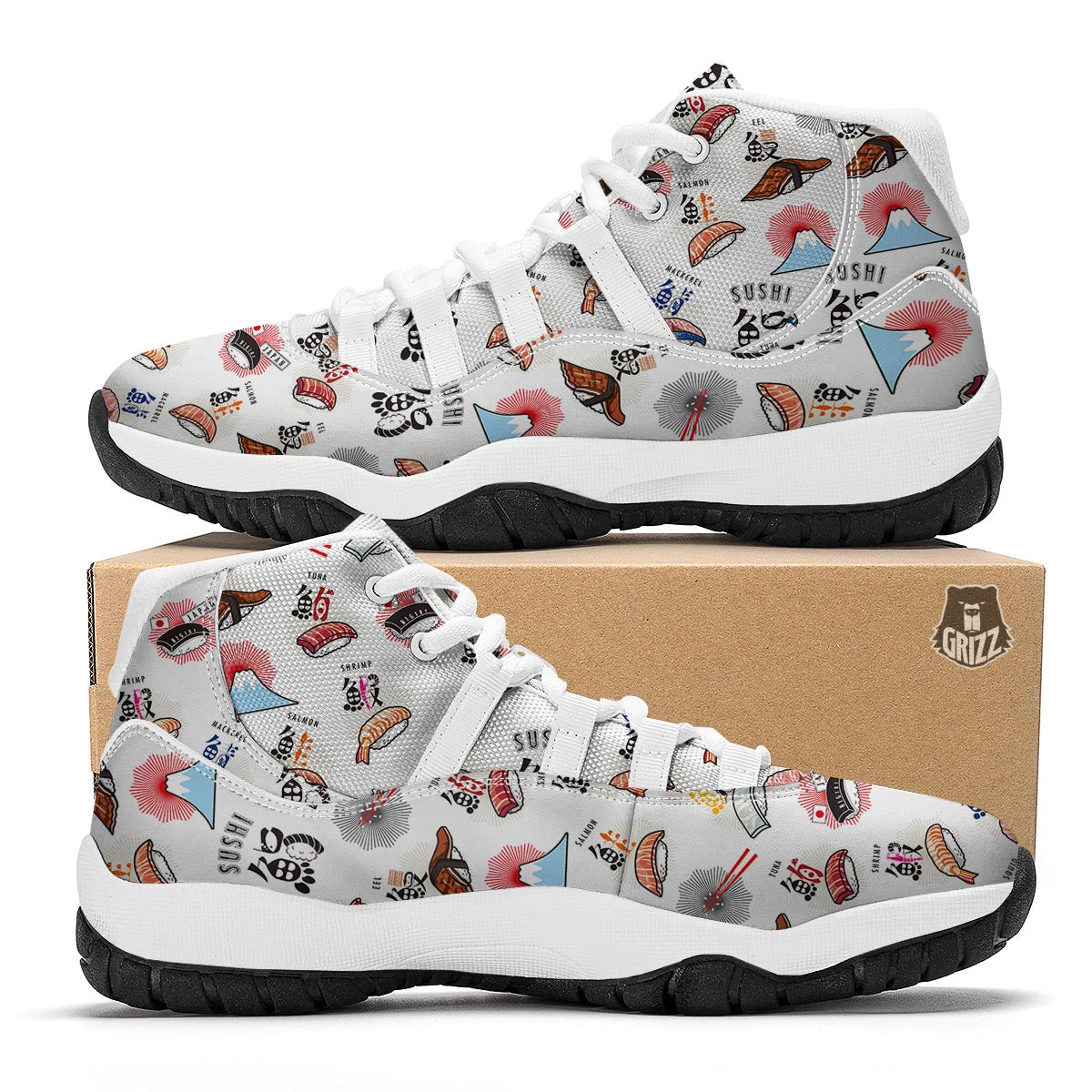 Japanese Sushi Kawaii Pattern Print White Bball Shoes-grizzshop