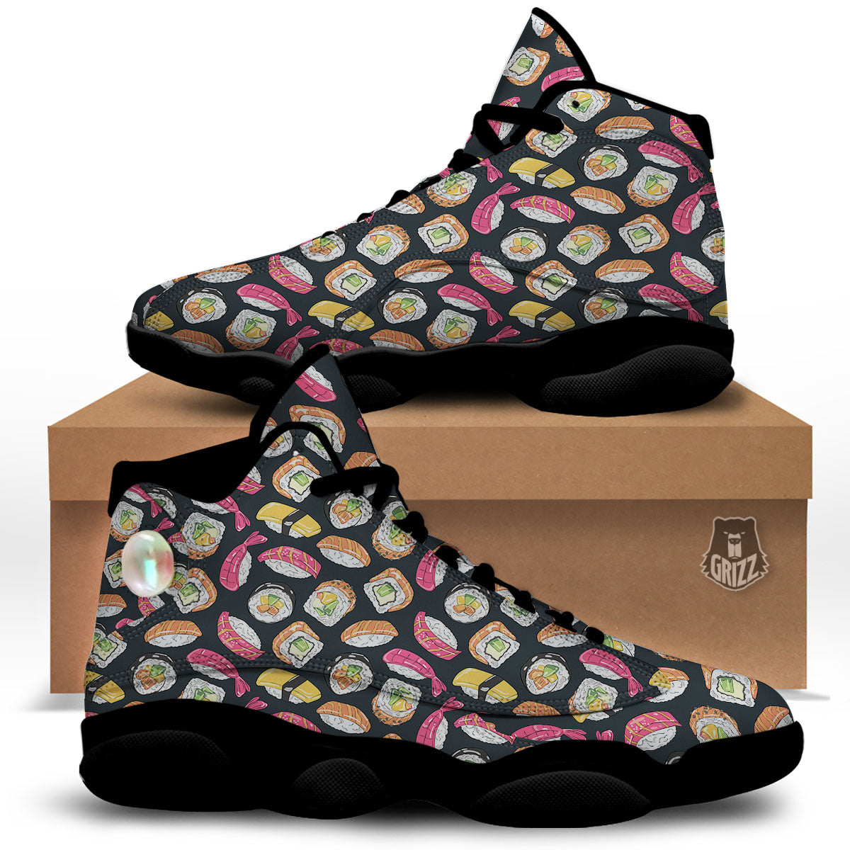 Japanese Sushi Print Pattern Black Basketball Shoes-grizzshop
