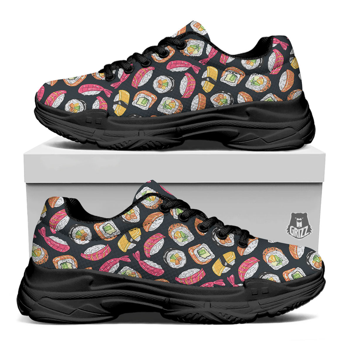 Japanese Sushi Print Pattern Black Chunky Shoes-grizzshop