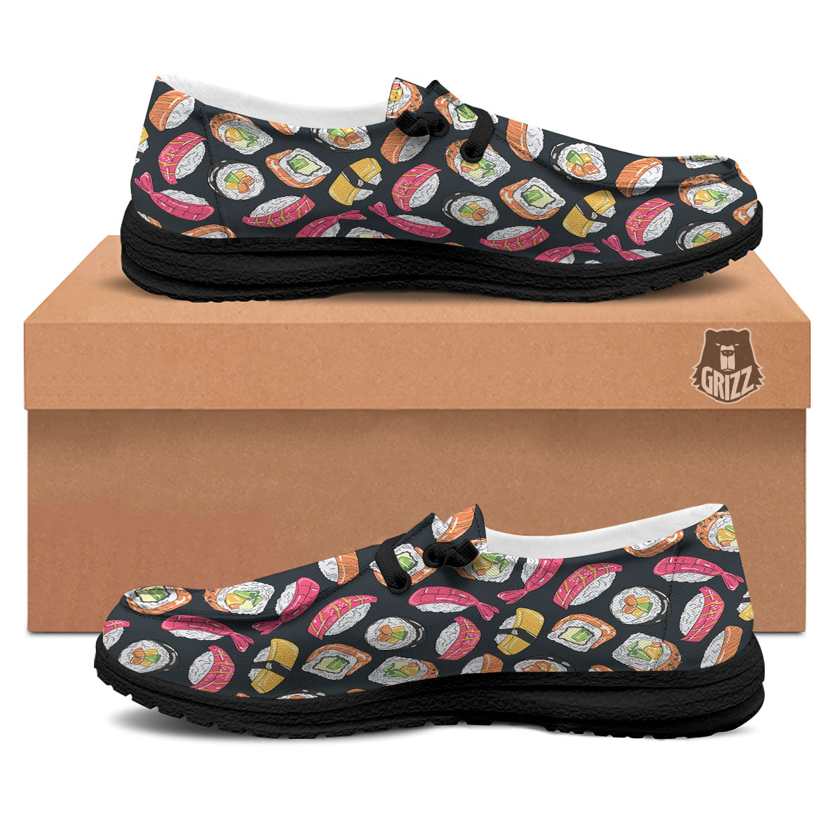 Japanese Sushi Print Pattern Black Loafers-grizzshop