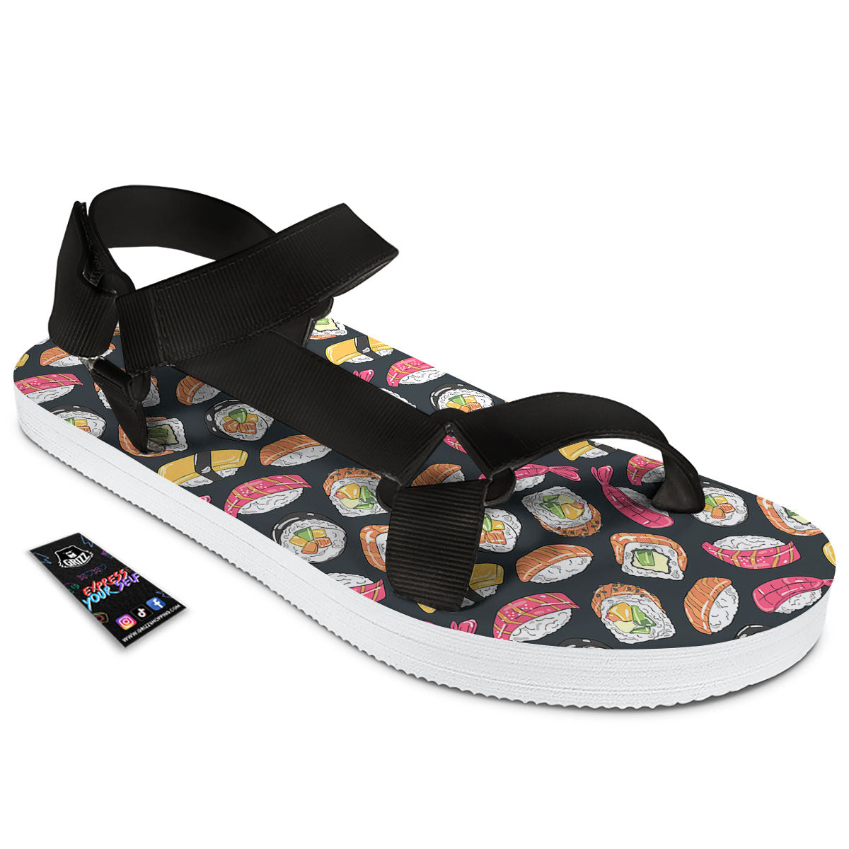 Japanese Sushi Print Pattern Black Open Toe Sandals-grizzshop