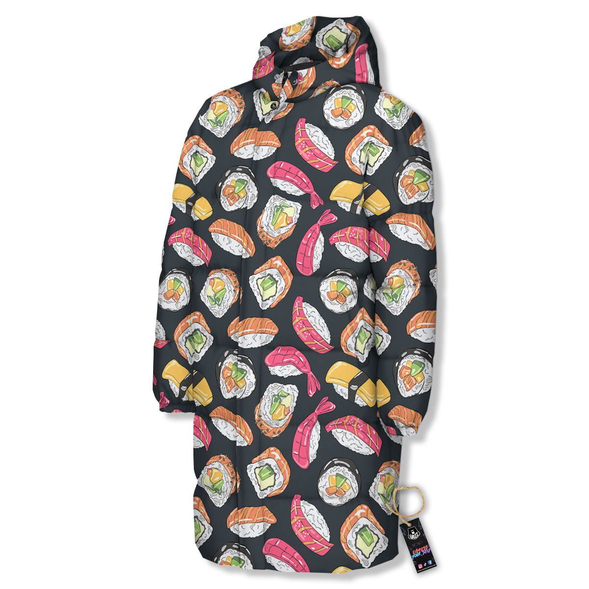 Japanese Sushi Print Pattern Long Down Jacket-grizzshop