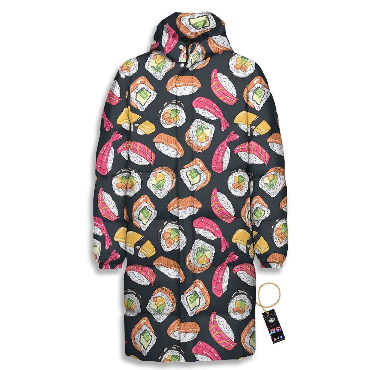 Japanese Sushi Print Pattern Long Down Jacket-grizzshop