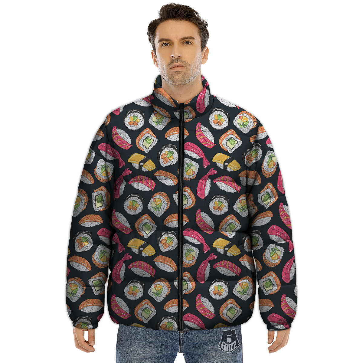 Japanese Sushi Print Pattern Puffer Jacket-grizzshop