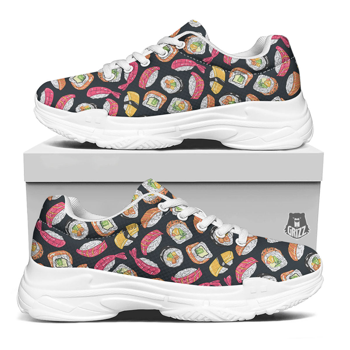 Japanese Sushi Print Pattern White Chunky Shoes-grizzshop