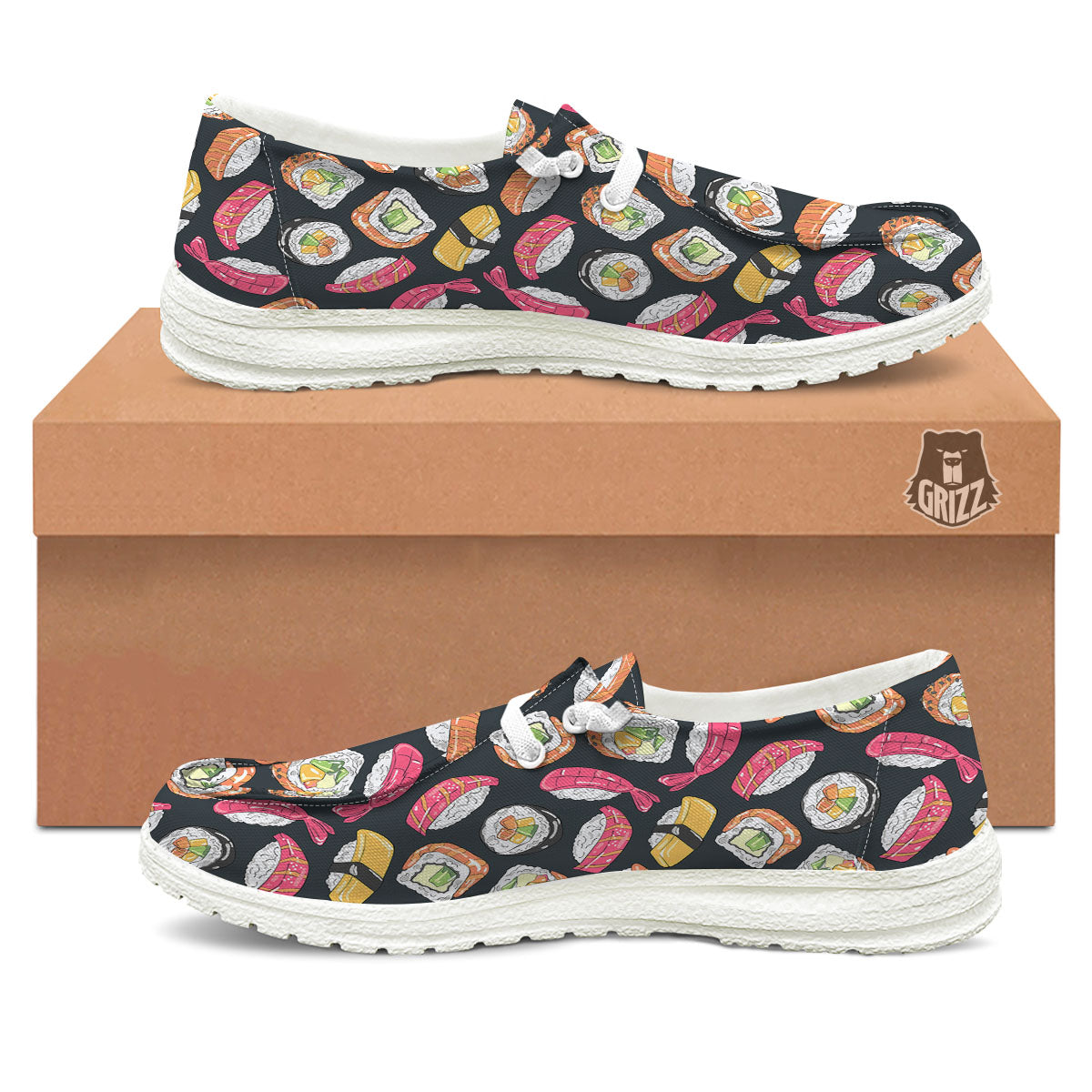 Japanese Sushi Print Pattern White Loafers-grizzshop