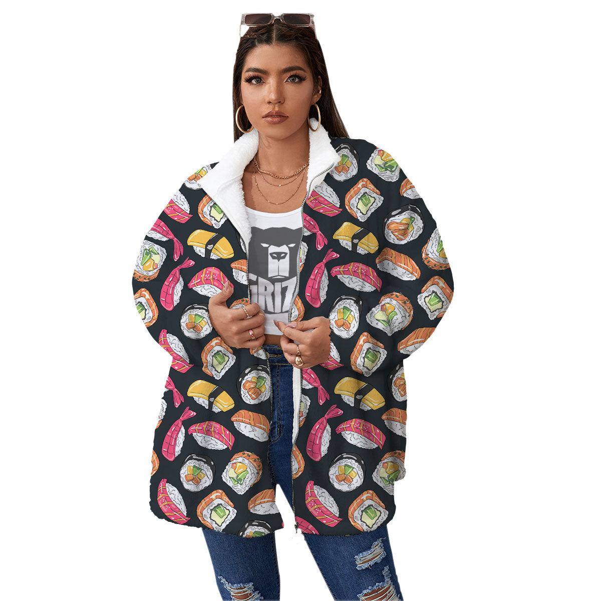Japanese Sushi Print Pattern Women's Sherpa Jacket-grizzshop