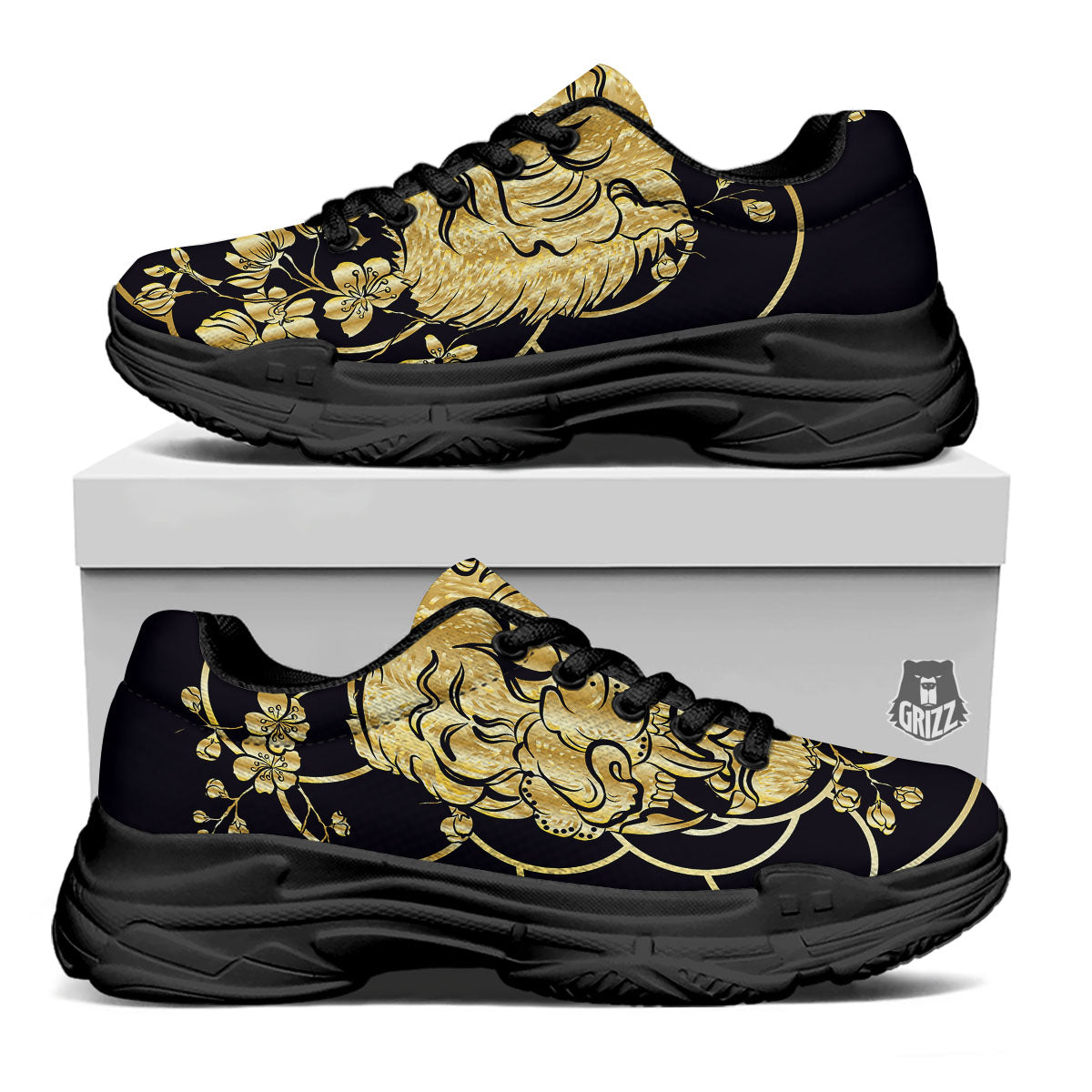 Japanese Tiger Gold And Black Print Black Chunky Shoes-grizzshop