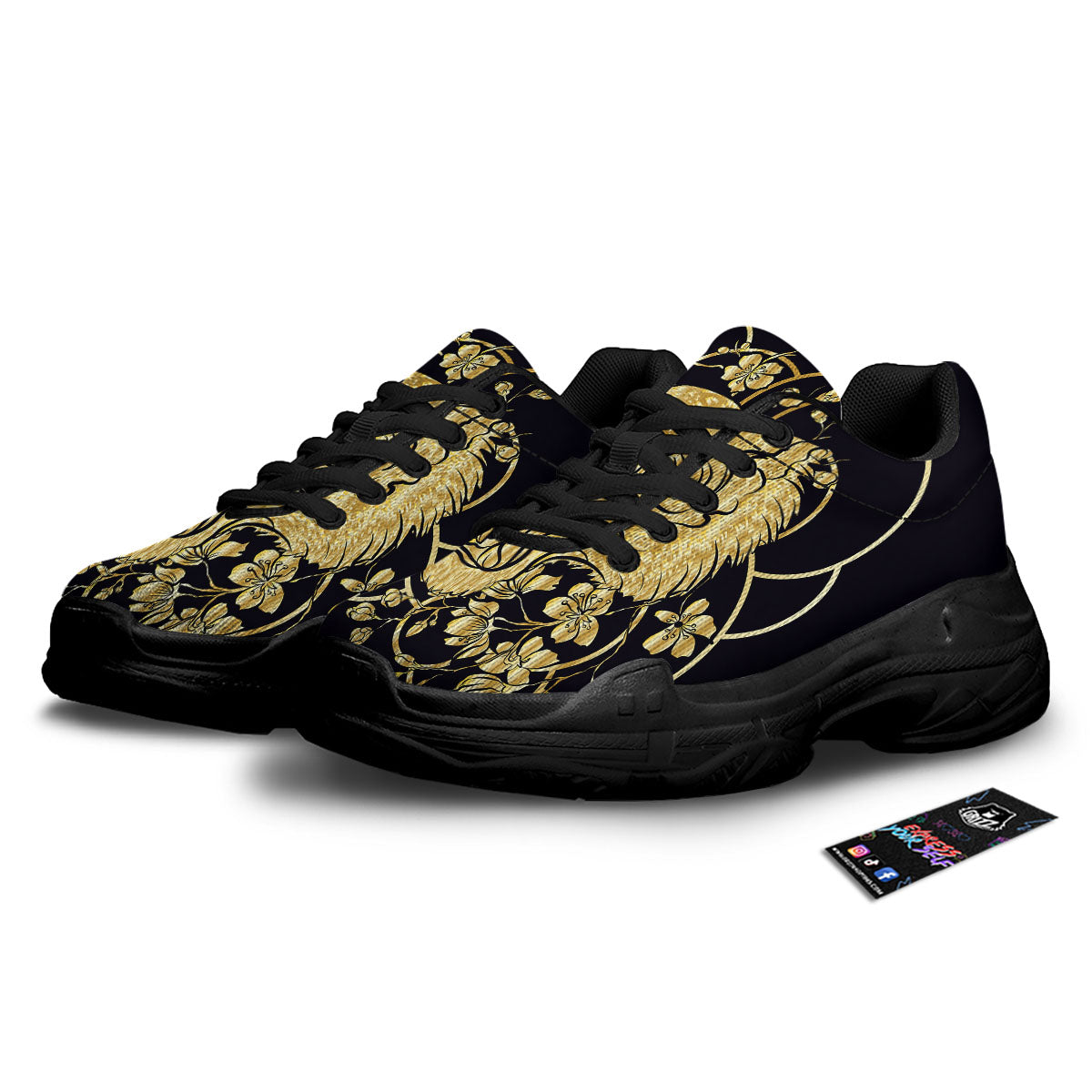 Japanese Tiger Gold And Black Print Black Chunky Shoes-grizzshop