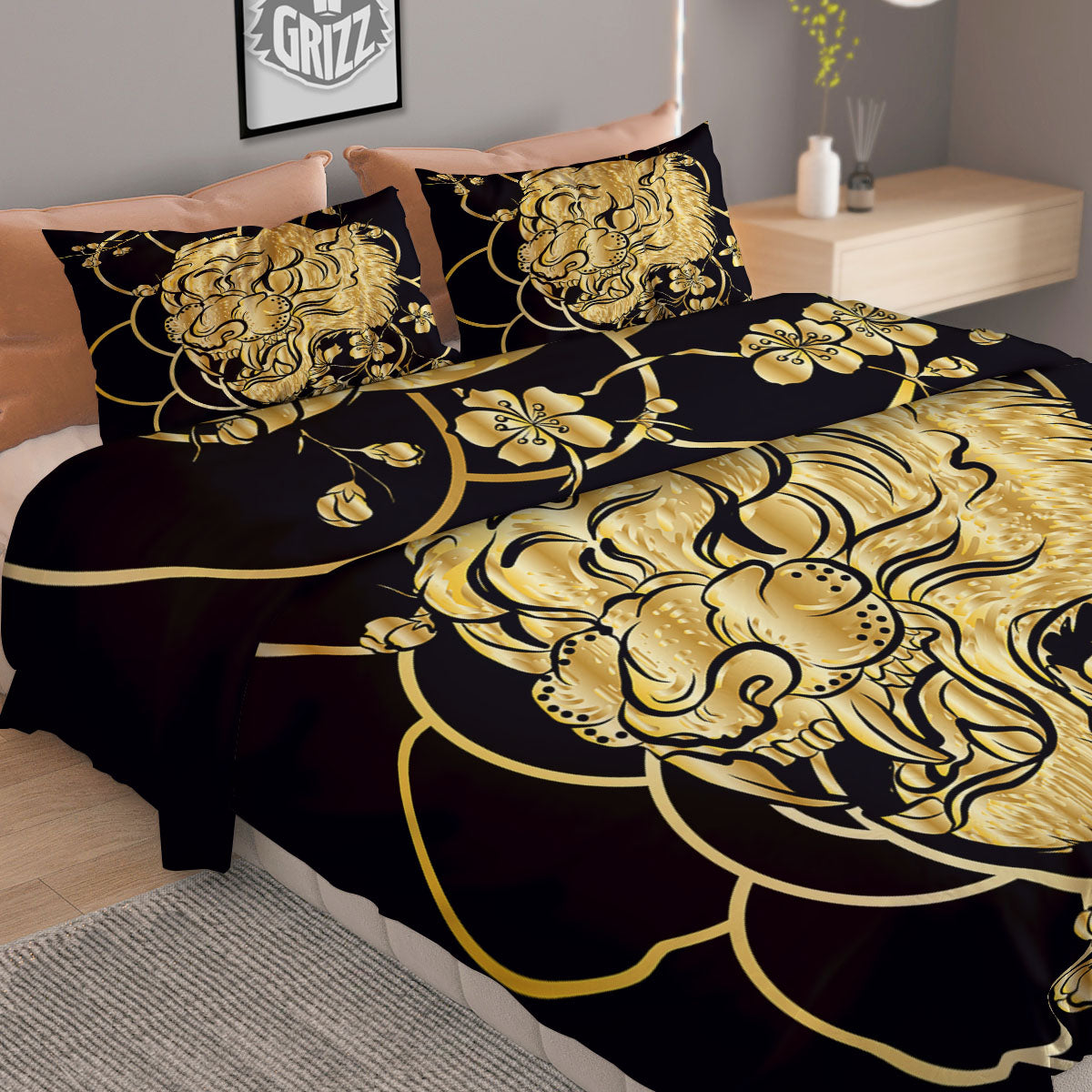 Japanese Tiger Gold And Black Print Duvet Cover Bedding Set