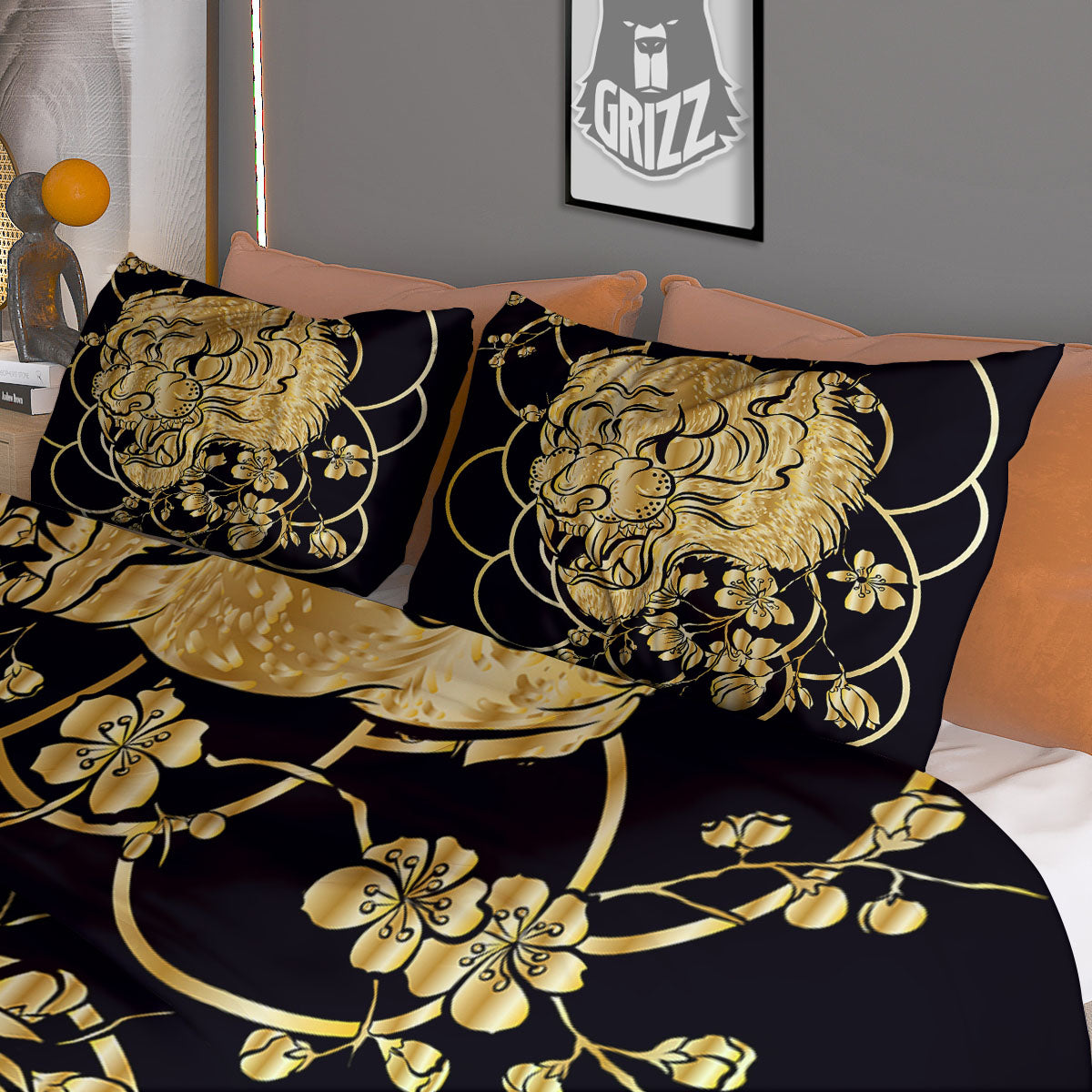 Japanese Tiger Gold And Black Print Duvet Cover Bedding Set
