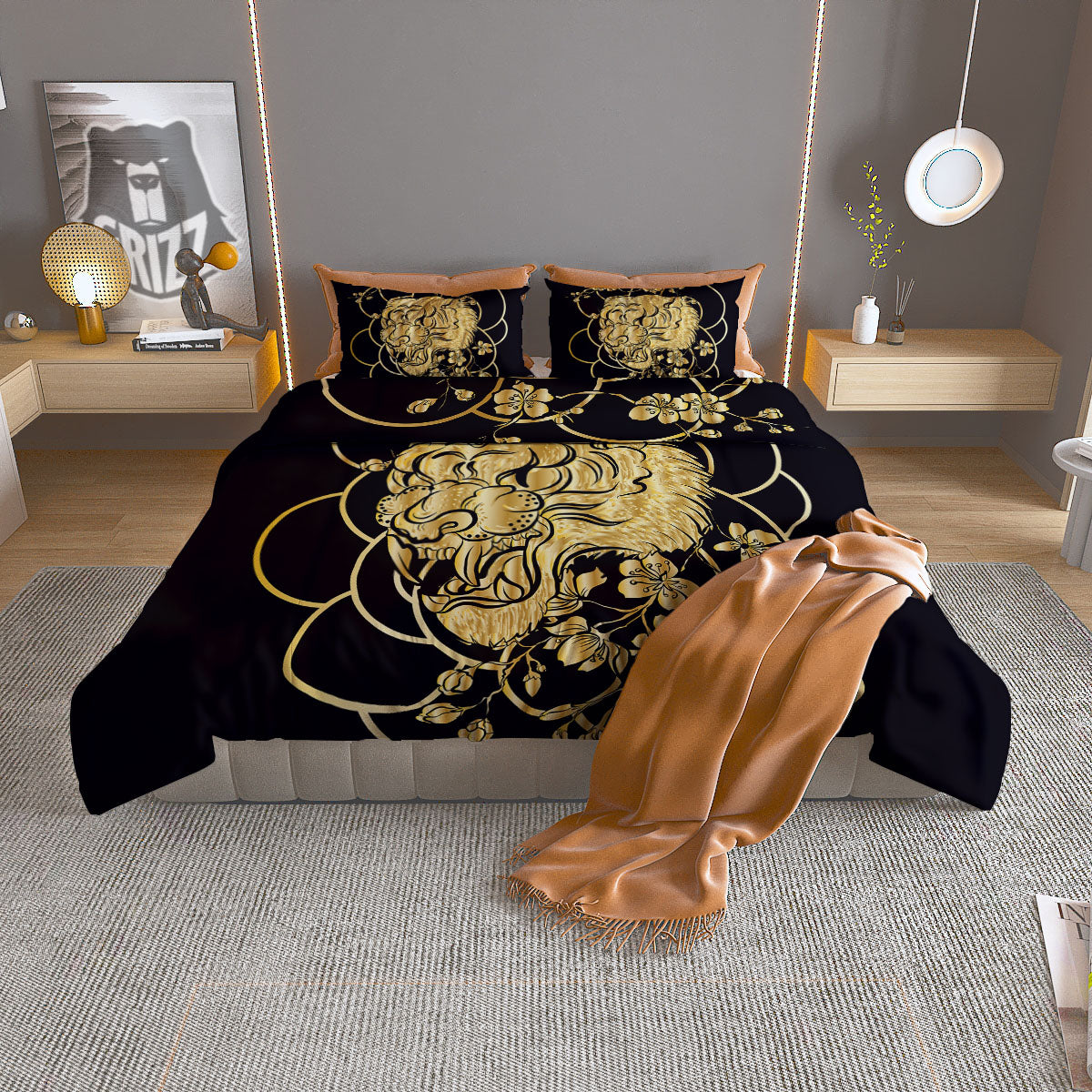Japanese Tiger Gold And Black Print Duvet Cover Bedding Set