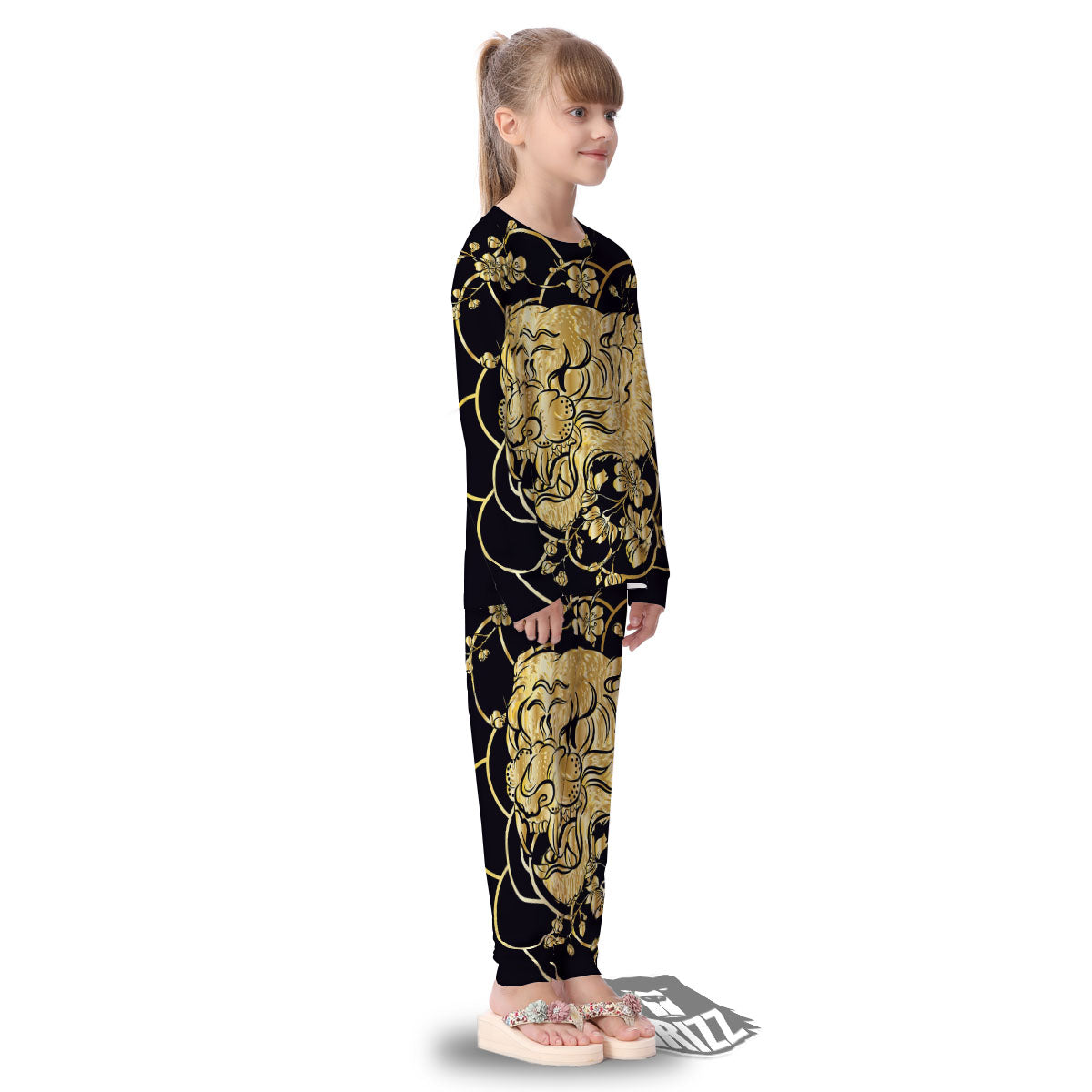 Japanese Tiger Gold And Black Print Kid's Pajamas-grizzshop
