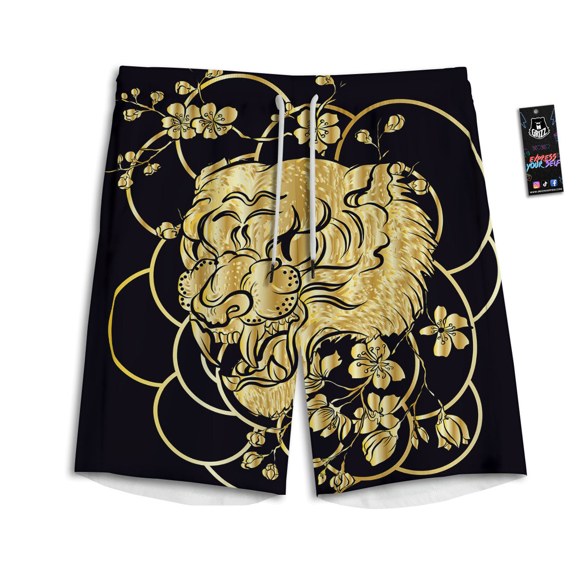 Japanese Tiger Gold And Black Print Men's Athletic Shorts