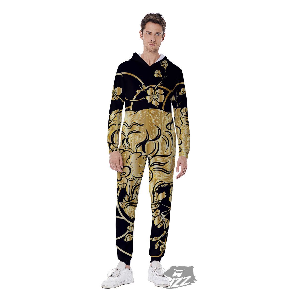 Japanese Tiger Gold And Black Print Men's Jumpsuit-grizzshop