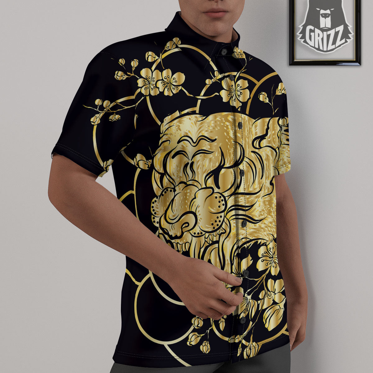 Japanese Tiger Gold And Black Print Untucked Shirts-grizzshop