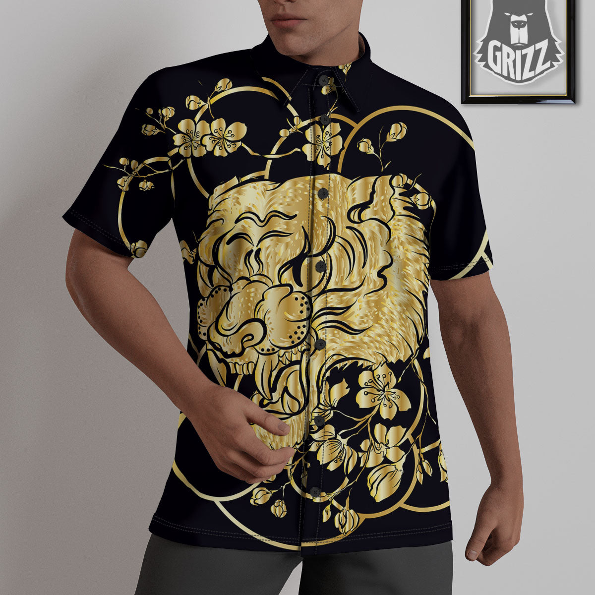 Japanese Tiger Gold And Black Print Untucked Shirts-grizzshop