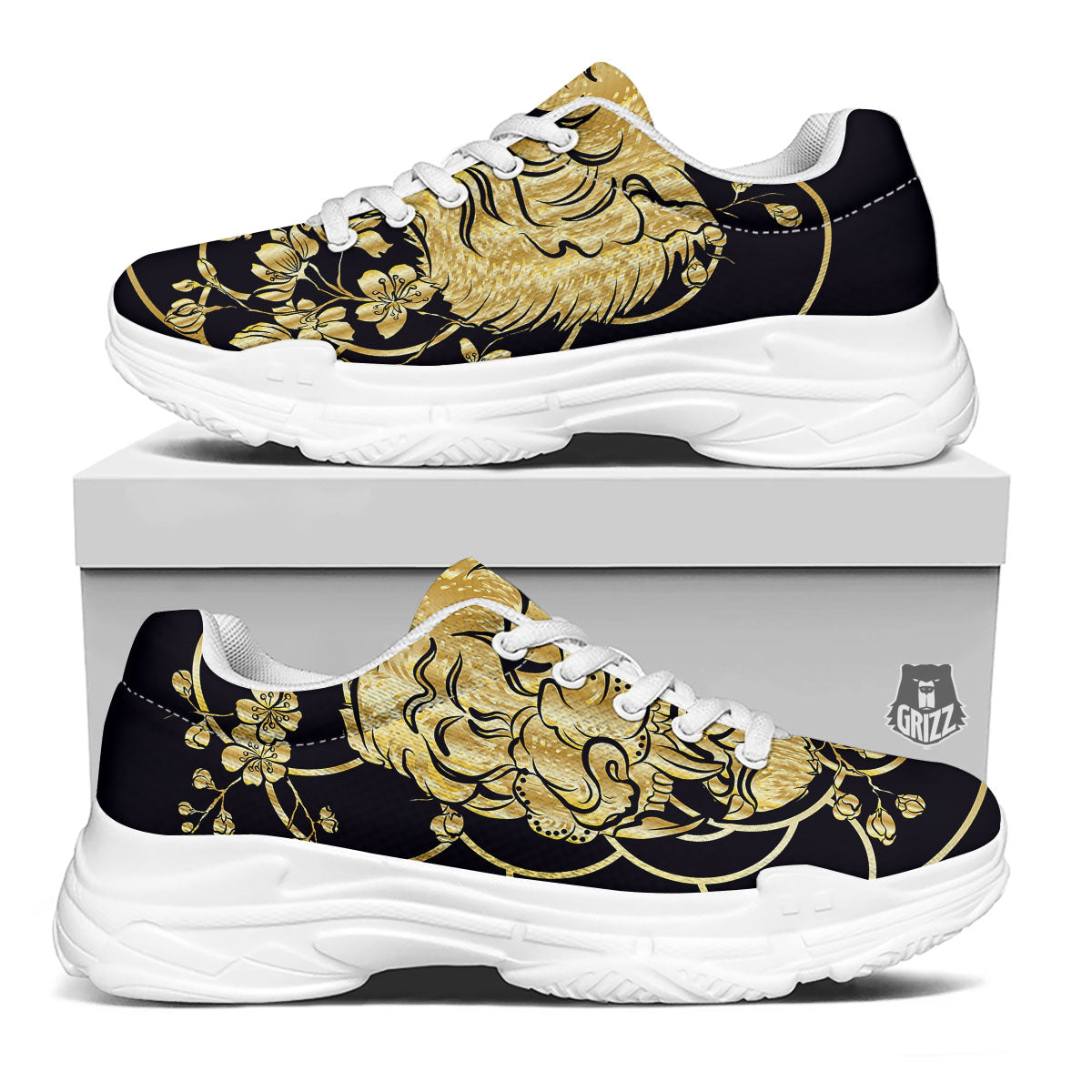 Japanese Tiger Gold And Black Print White Chunky Shoes-grizzshop