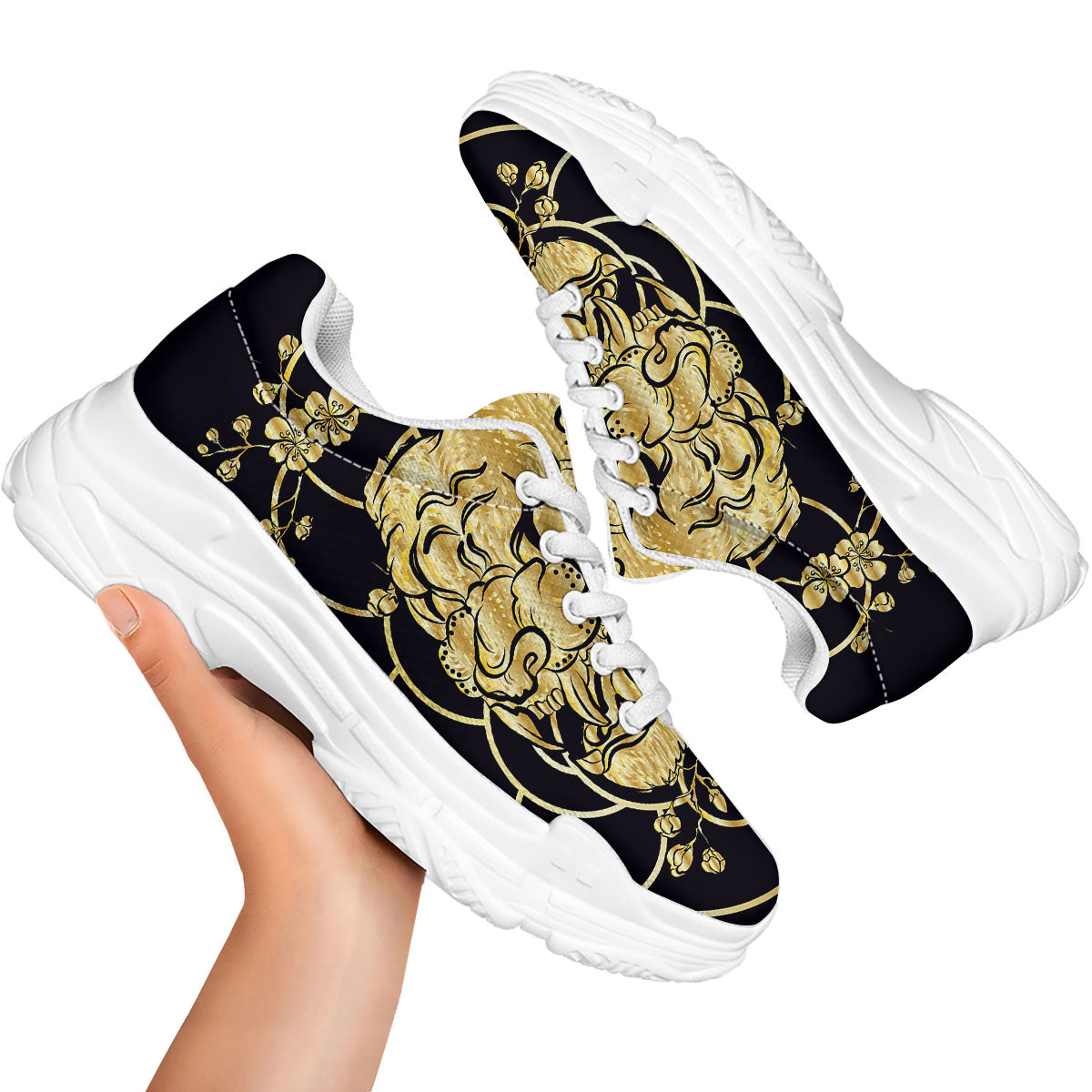 Japanese Tiger Gold And Black Print White Chunky Shoes-grizzshop